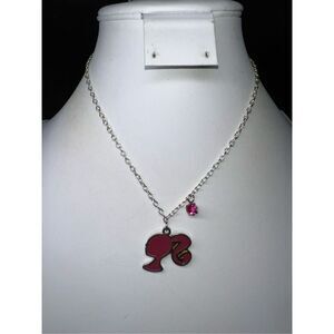 Mattel Silver Tone and Pink Enameled Barbie Silhouette with Pink Rhinestone Neck